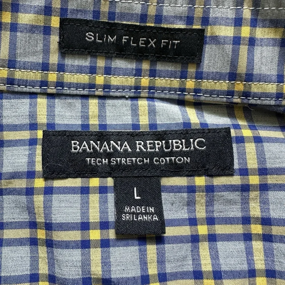 Banana Republic Men's Yllw Blue Plaid Slim Fit Flex Tech Stretch Cotton Shirt L